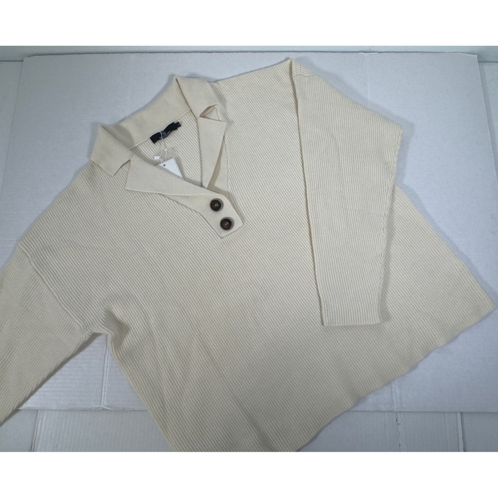 LILLUSORY Button Up Polo Sweater Ribbed‎ Knit Long Sleeve  L Old Money Preppy